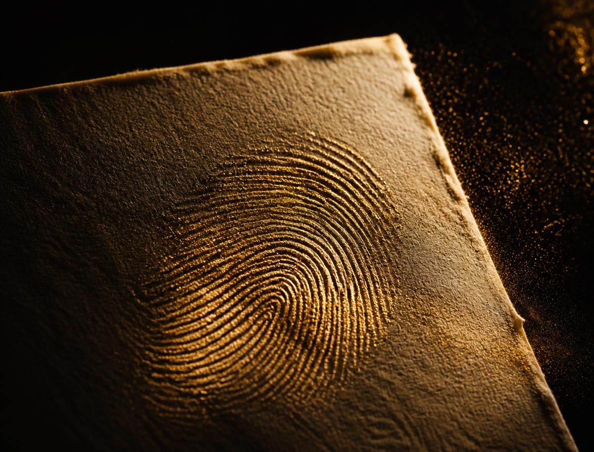 A fingerprint pressed into paper, lit in gold