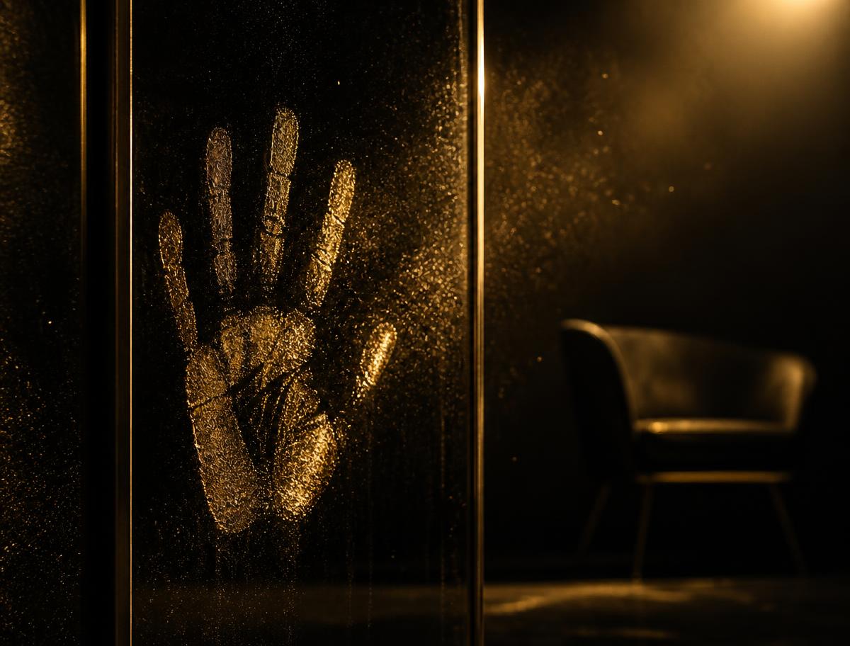 A gold handprint left on dark glass