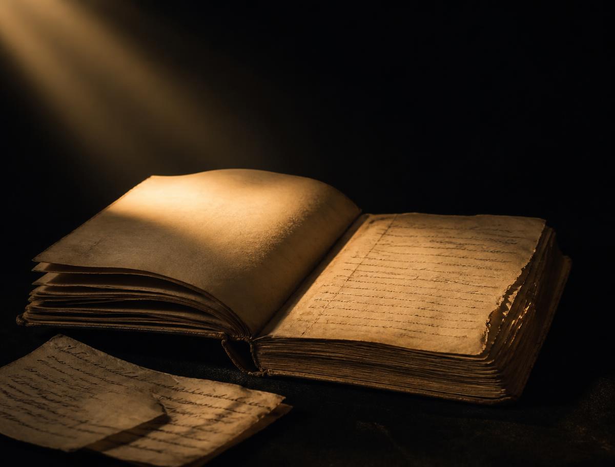 An old open book and a handwritten letter in a shaft of light