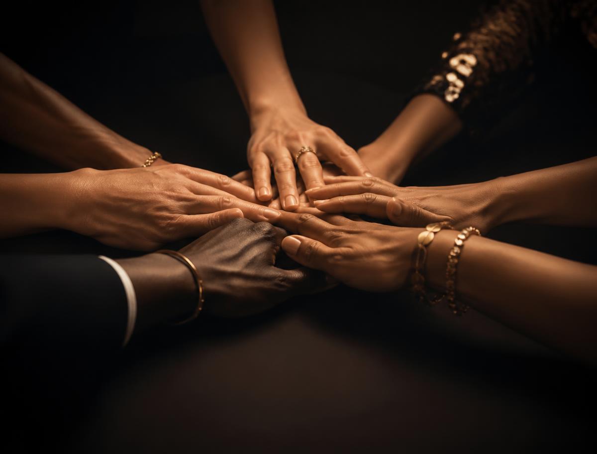 Several hands joined together over a dark table